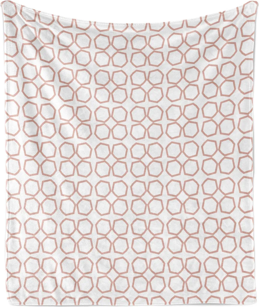 ABAKUHAUS Coperta in morbido pile di flanella, motivi cubici continui, composizione artistica semplificata nei toni della terra, 175 x 230 cm, bianco salmone chiaro