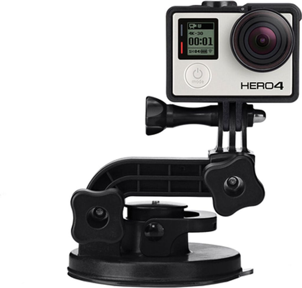 A GoPro HERO4 camera is mounted on a black suction cup mount.