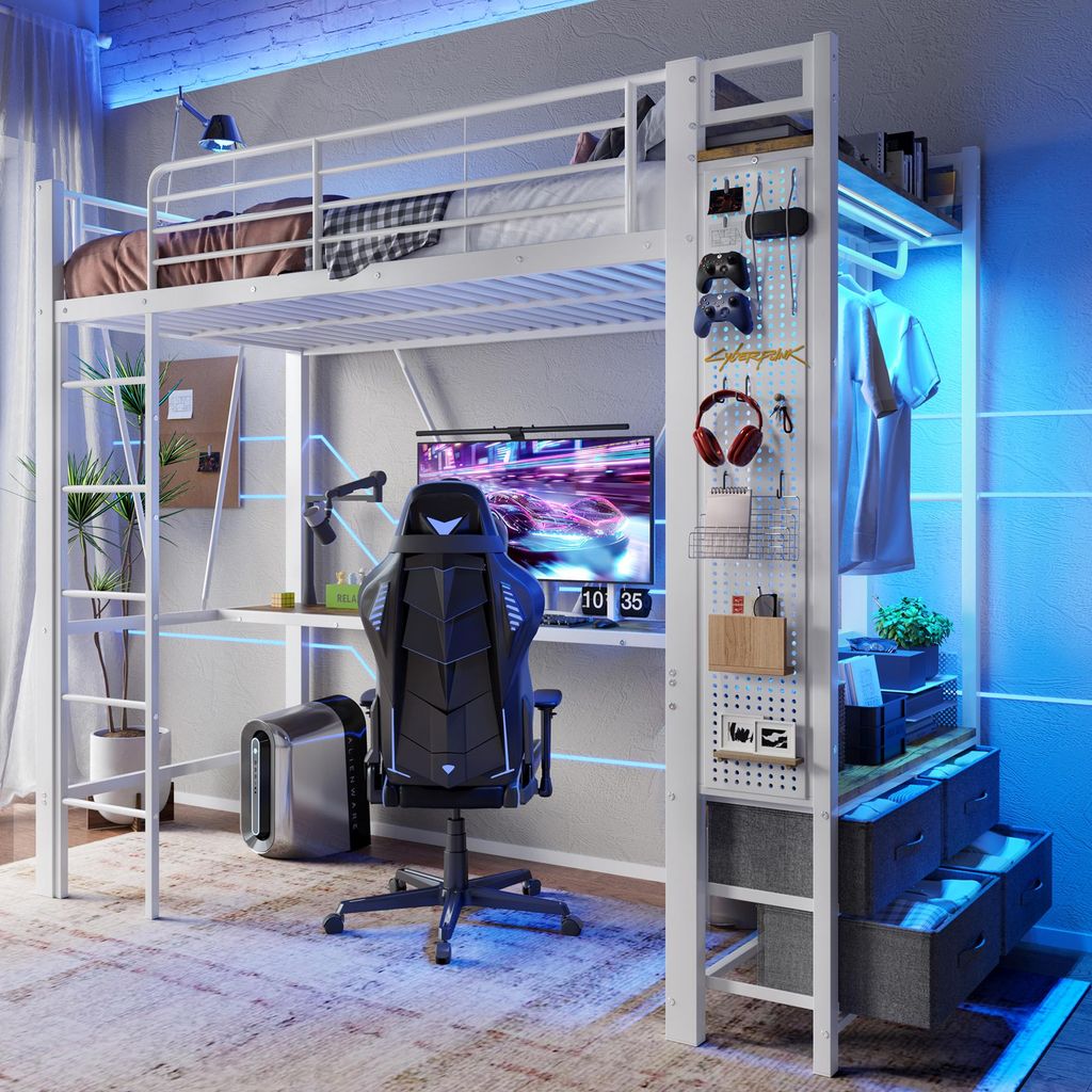 Hochbett, 90 x 200cm, Eisenrahmen Mit Schreibtisch, Mit Trockenstab, Mit Einlegeböden, 4 Schubladen, Mit USB+TYPE-C Steckdose, LED-Leiste, Geländ...