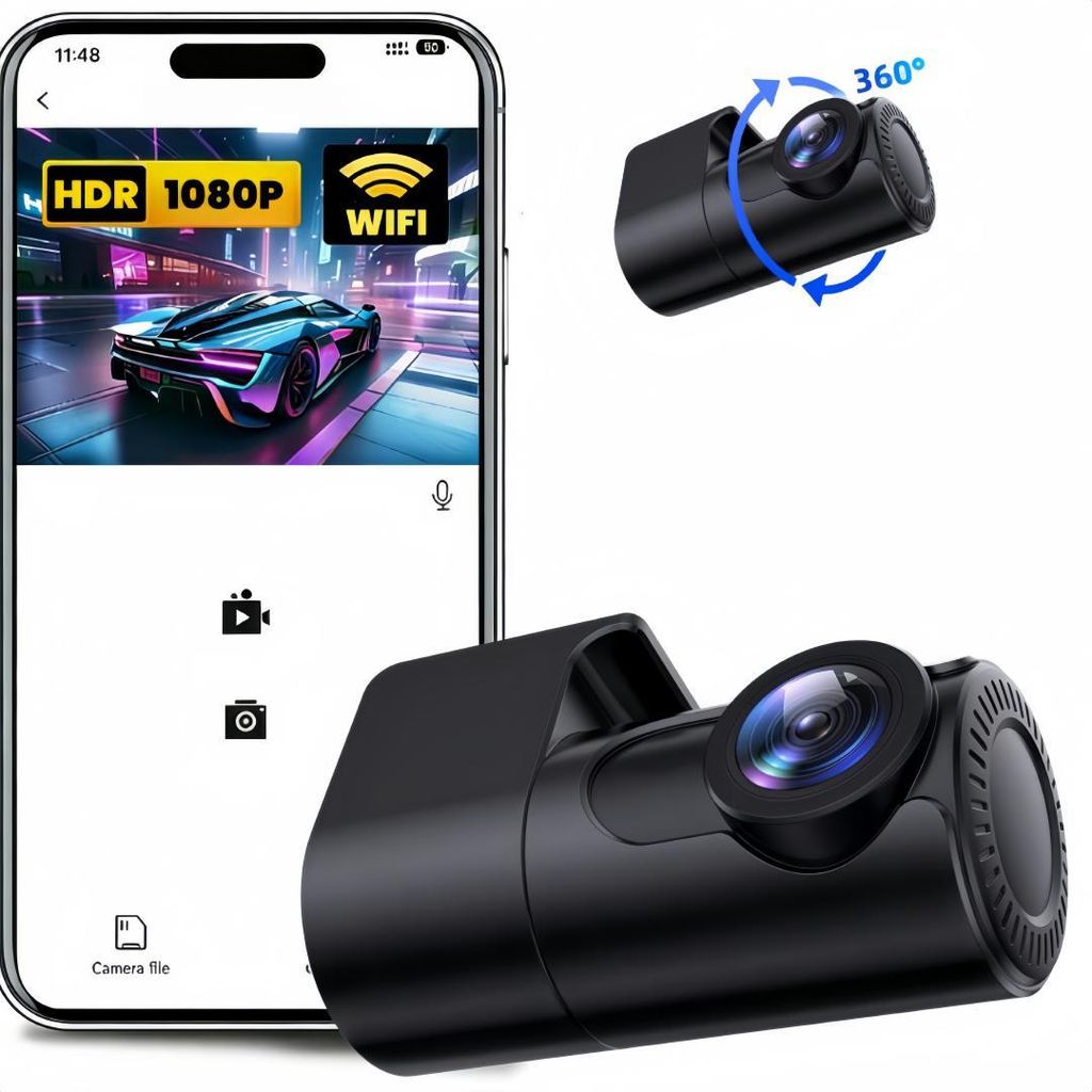 Mini Auto Dashcam Vorne, 360° drehen mit WiFi-Verbindung, 1080P KFZ Dashcam mit Nachtsichtfunktion, Loop-Aufnahme, G-Sensor Bewegungsmelder