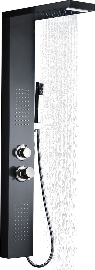 A black shower panel with water flowing from the showerhead and hand shower.