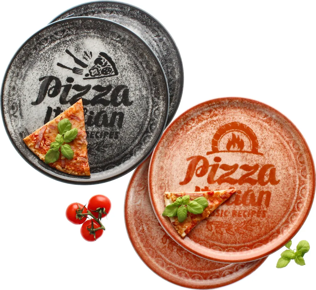 Set 4 Piatti Pizza XL 31cm Rosso Nero - Trendy e Divertenti con Scritte