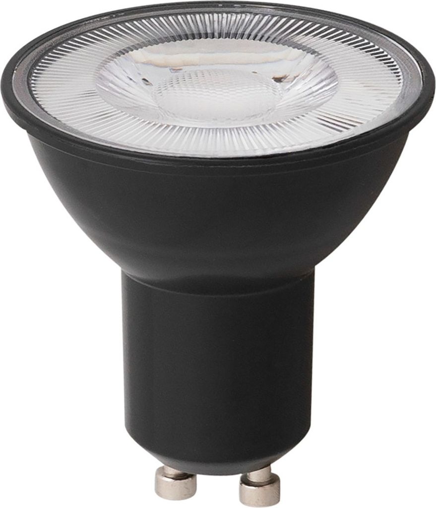 A black LED spotlight bulb with a clear lens and silver metal contacts on a white background.