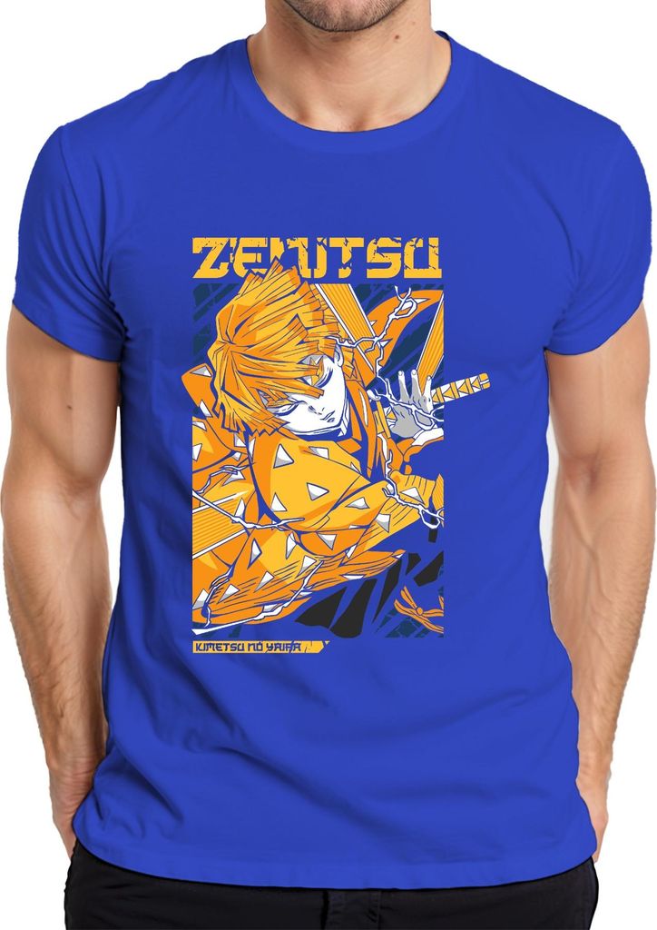 Zenitsu Agatsuma Kimetsu no Yaiba Blitz Schwert Anime Japan Y2K Streetwear Manga Herren T-Shirt, Blau, L