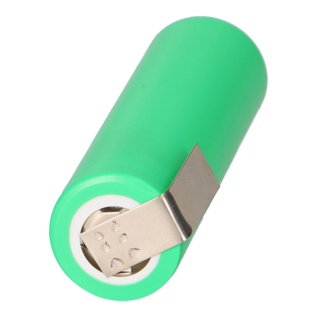 A single green battery with a silver metal tab attached to the positive terminal, set against a white background.