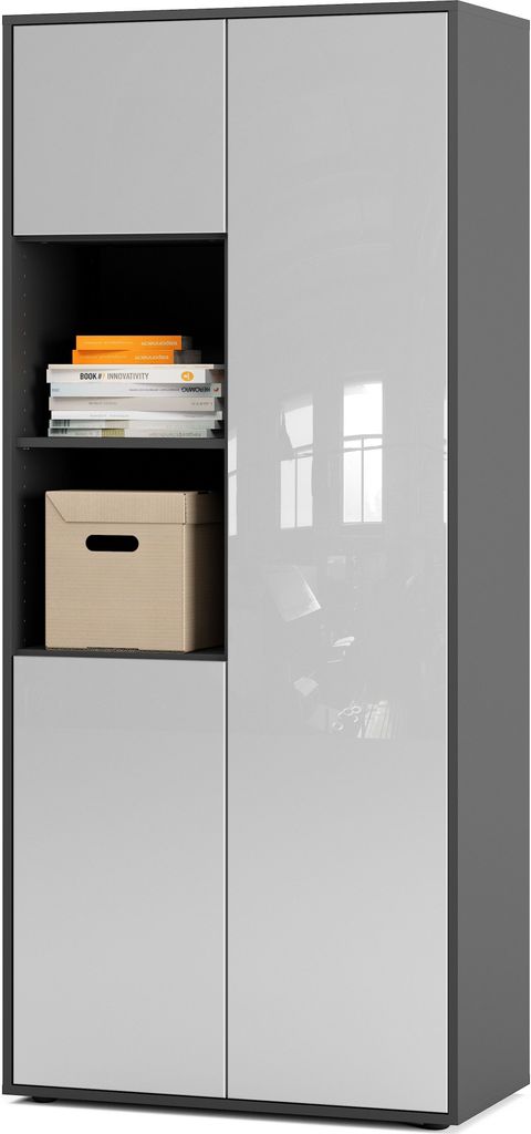 SIMPLYFURN Büroschrank Amira T20, Schrank mit zwei offenen Fächern, Anthrazit & Weiß Hochglanz, Push-to-Open, 180x80x40 cm, Aktenschrank für B...