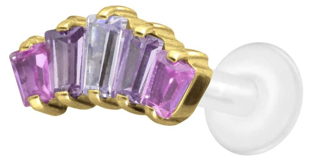 Ohrpiercing, Nasenpiercing PTFE Labret mit Innengewinde + Titan-Aufsatz 5 EINGEFASSTE KRISTALLRECHTECKE Gold Stablänge: 8mm | Stabstärke: 1,6mm