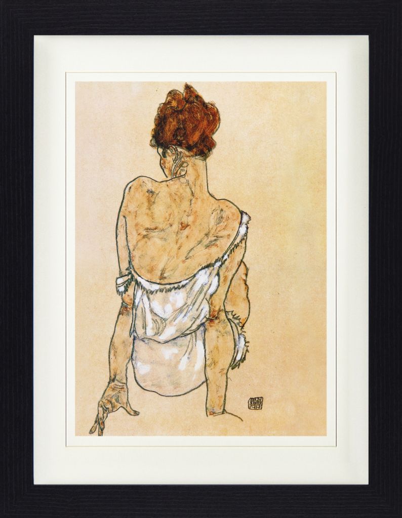 Egon Schiele Gerahmtes Bild Mit Edlem Passepartout | Wand-Bilder | Im Bilderrahmen - Sitzende In Unterwäsche Rückenansicht, 1917 (40 x 30 cm)