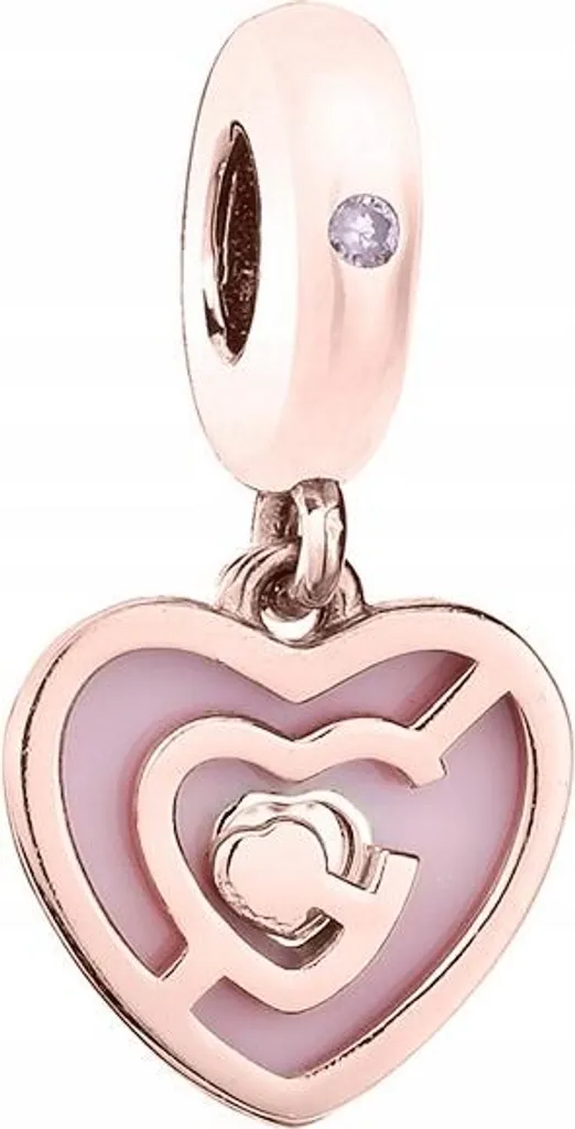 Ciondolo a forma di cuore pendente placcato oro, cuore smaltato rosa, argento 925