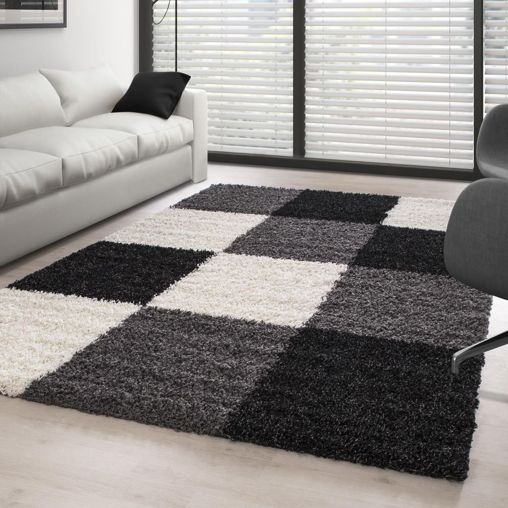 Hochfloriger Teppich mit schwarz-grau-weißen Karos, 30 mm Florhöhe, für Wohn- und Schlafzimmer 120 x 170 cm