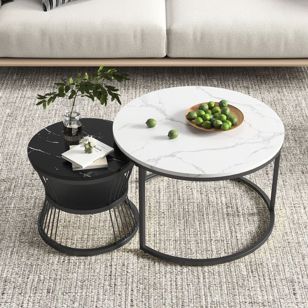 Table basse gigogne ronde effet marbre lot de 2 avec pieds métal noir