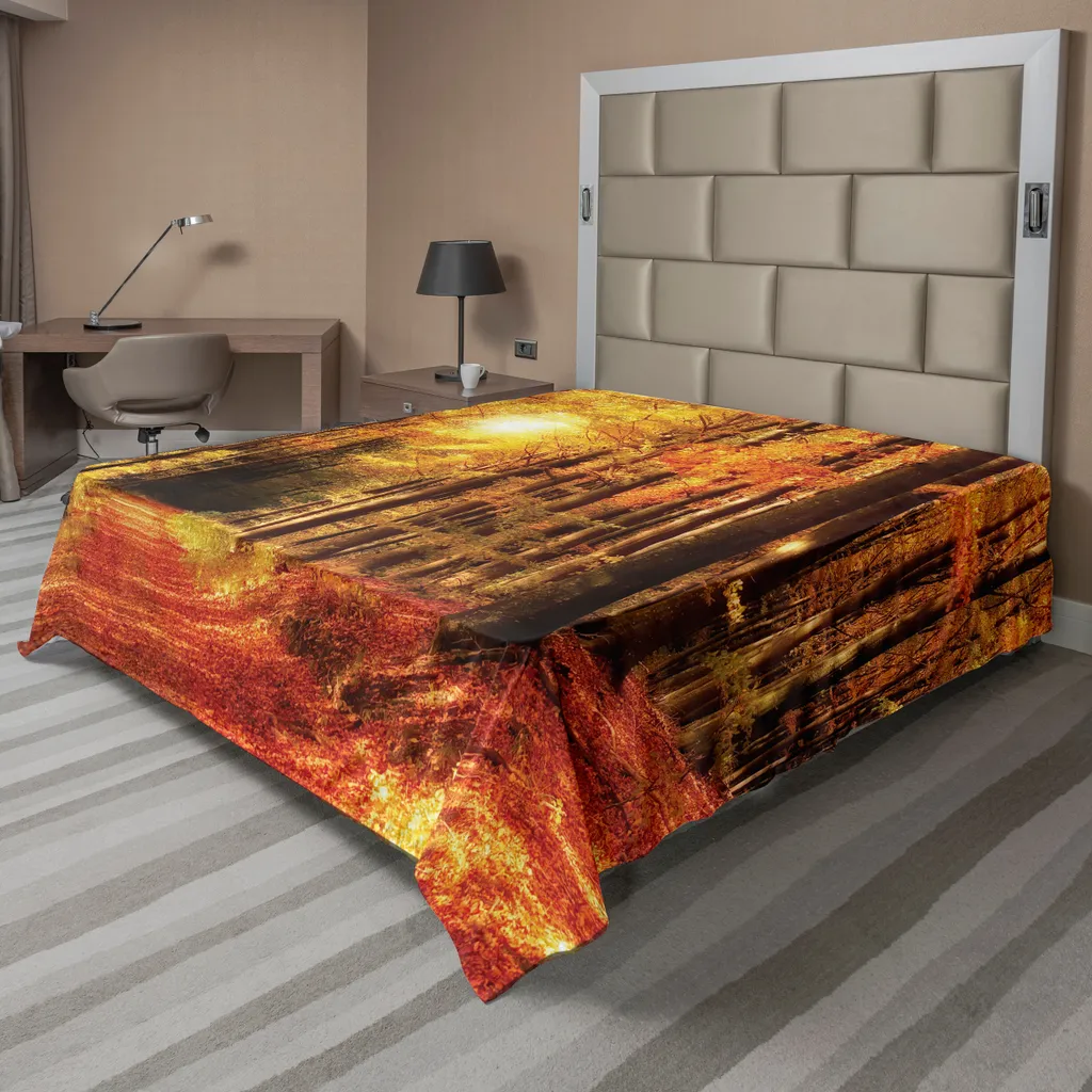 ABAKUHAUS Lenzuolo naturale, vivace immagine di bosco con alberi caduti al tramonto, strada che conduce al bosco, morbido e confortevole lenzuolo superiore per un letto decorativo, 1 pezzo, 244 cm x 205 cm, arancione e giallo