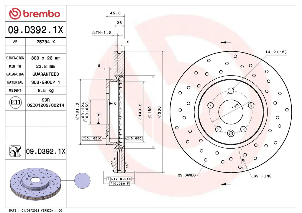 Disque Brembo 09.D392.1X Percé Haute Performance pour Astra K V