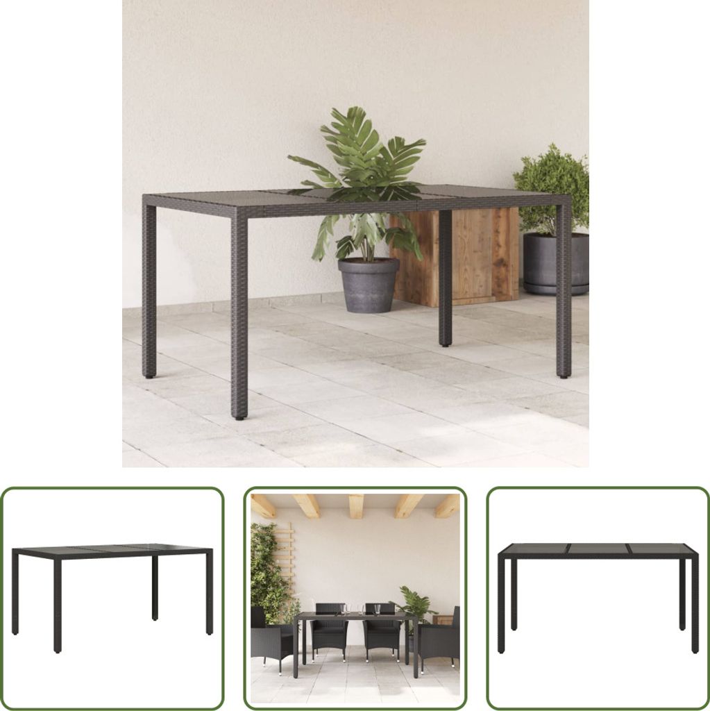 The Living Store Gartentisch mit Glasplatte Schwarz 150x90x75 cm Poly Rattan