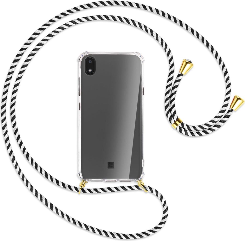 Handykette Backcover-Schutzhülle mit Band (Metall goldfarben) für LG K20 / K20 2019 - schwarz/weiß gestreift