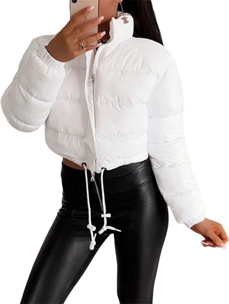 ASKSA Damen Puffer Jacke Kurz Stehkragen Gesteppte Cropped Dicke Winterjacke Outdoor, Weiss, S