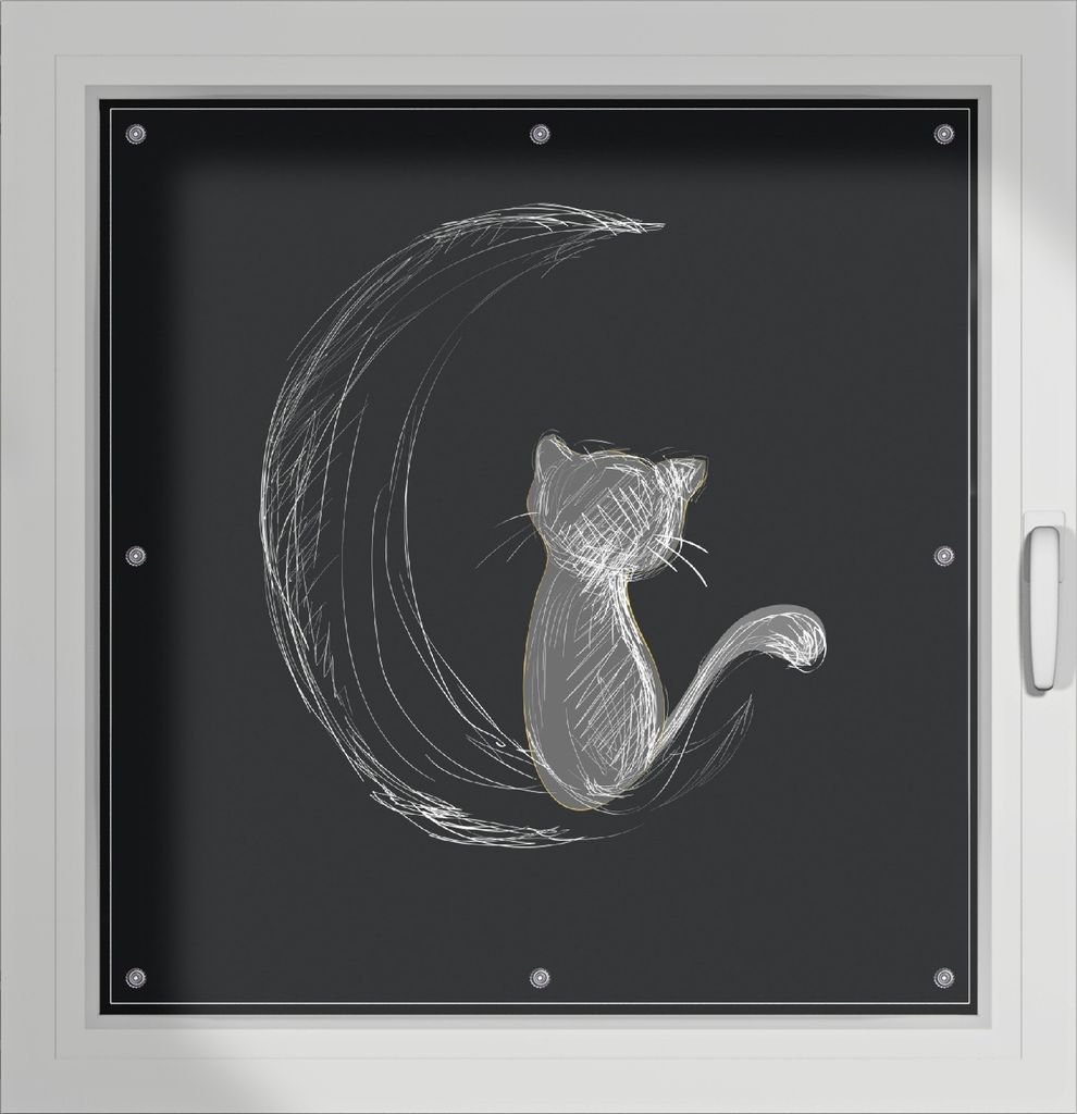 Wallario Lichtschutzbild, Dekorativer Sichtschutz Sonnenschutz 96 x 93 cm mit Motiv: Katze sitzt auf dem Mond - illustriert in weiß auf schwarz - ...