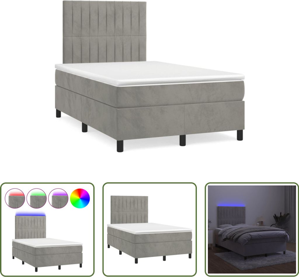 The Living Store Boxspringbett mit Matratze & LED Hellgrau 120x190 cm Samt
