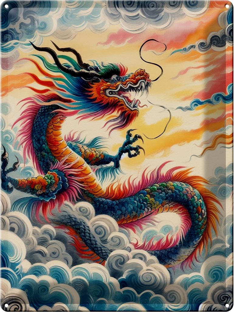 Blechschild Chinesischer Drachentanz, 30x20 cm, Blechschilder Spruch Dragon