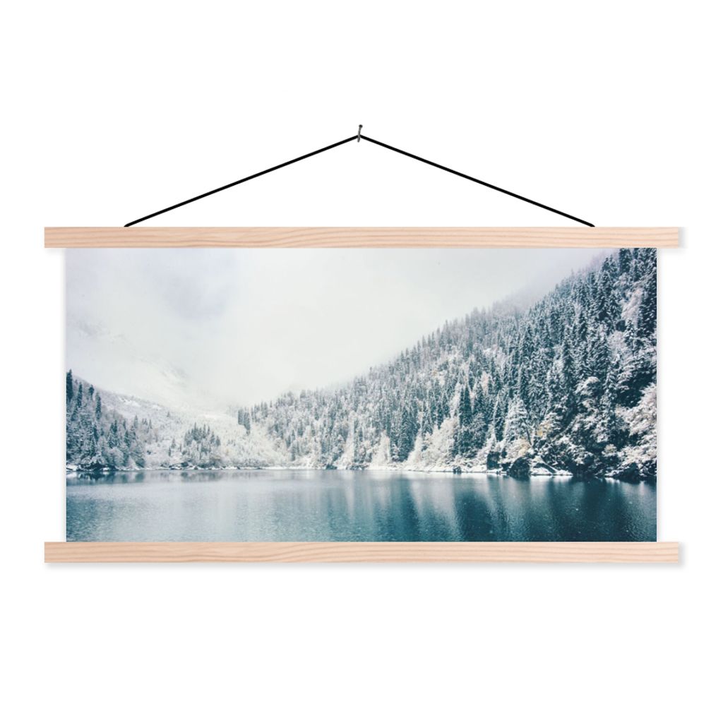 MuchoWow Textilposter Winter - Wasser - Schnee 60x30 cm mit holzfarbenen Rahmen - Dekoration