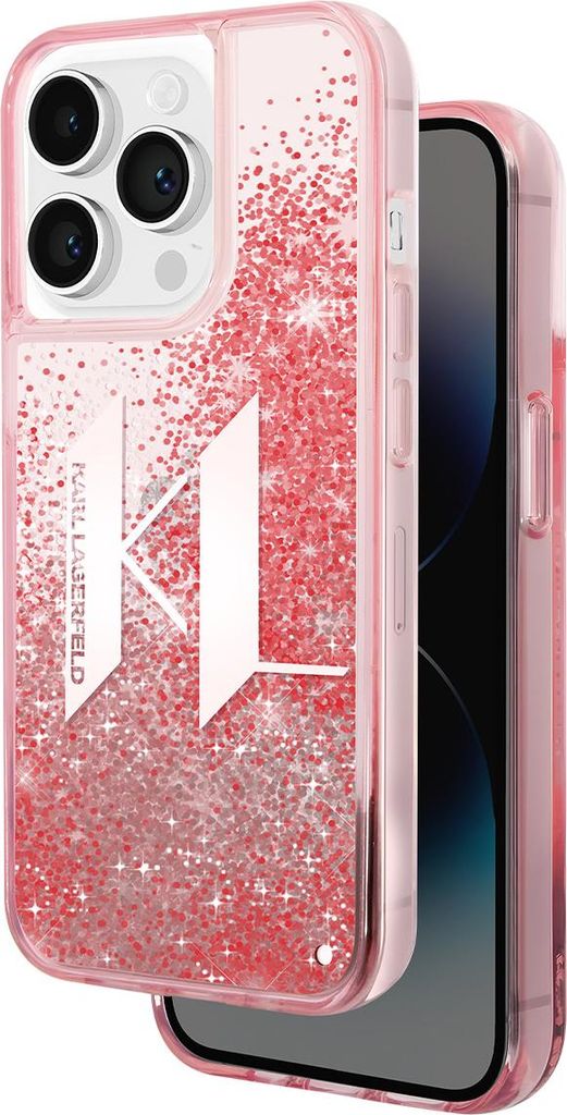 A pink glitter phone case with a large white Karl Lagerfeld logo on a white background.
