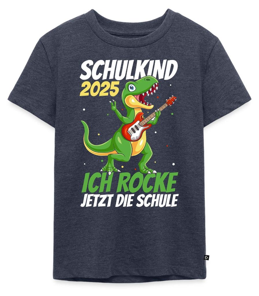 Spreadshirt Schulanfang 2025 Dino Rockt Die Schule Kinder Premium T-Shirt, 122/128 (6 Jahre), Jeansblau