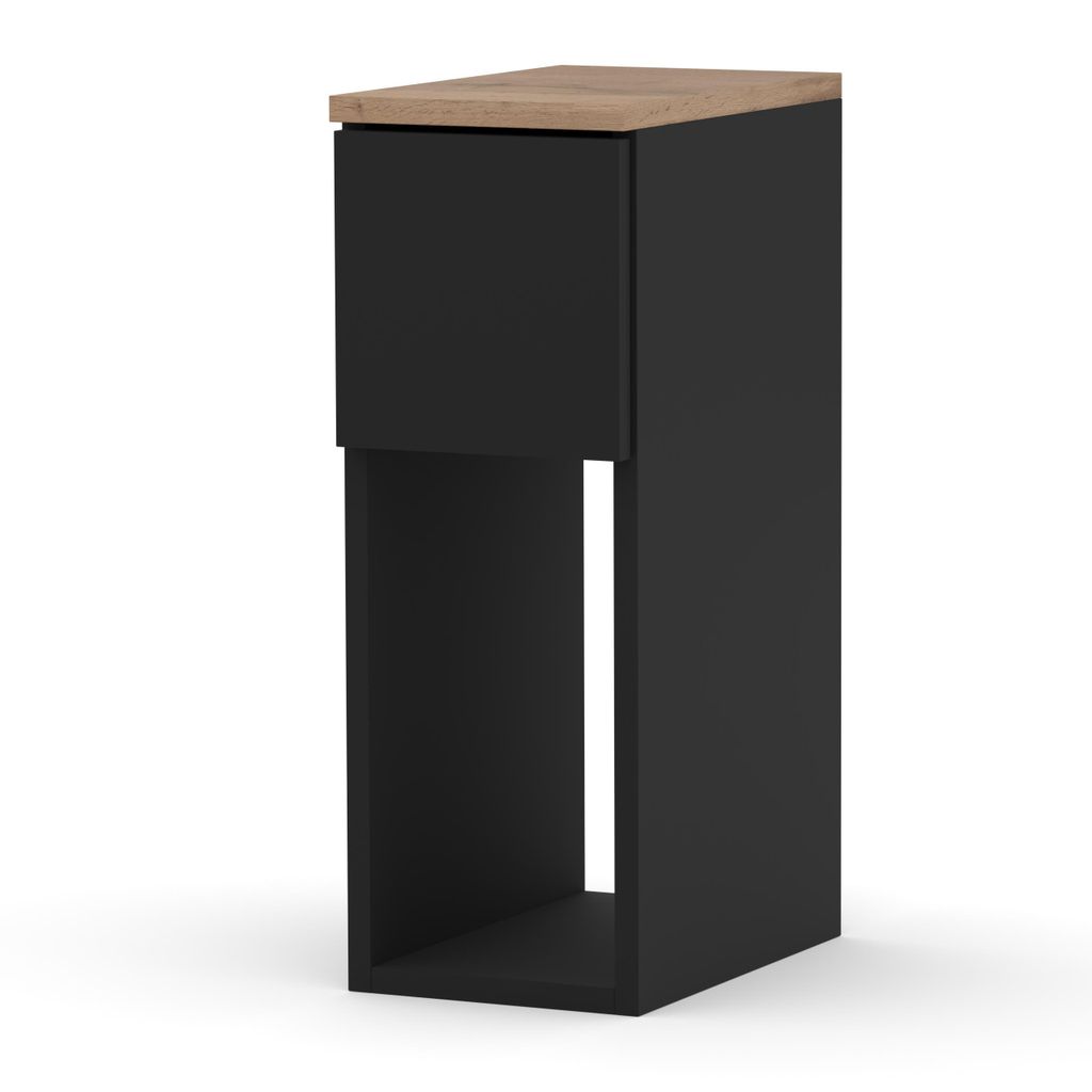 STIV Möbel | Schmaler Nachttisch Schwarz Matt/Eiche Wotan 30x20x55 cm | 1 Schublade + Fach | Blende in Holzoptik | Kompakt