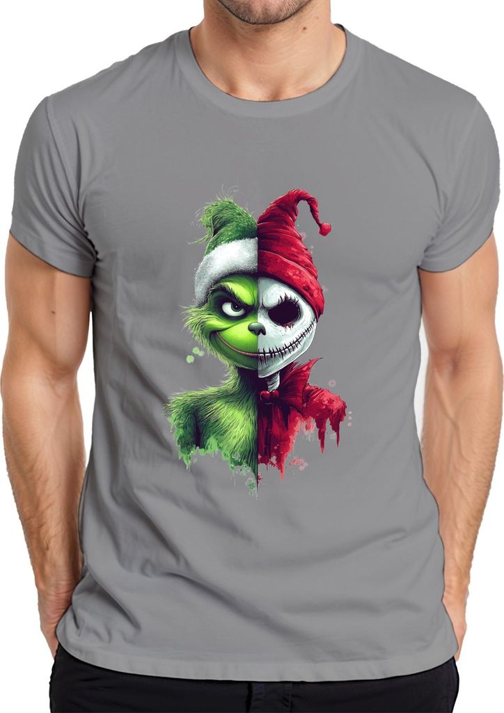 Grinch Skelett Halb Gesicht grün Weihnachten Horror düster Herren T-Shirt, Grau, XL
