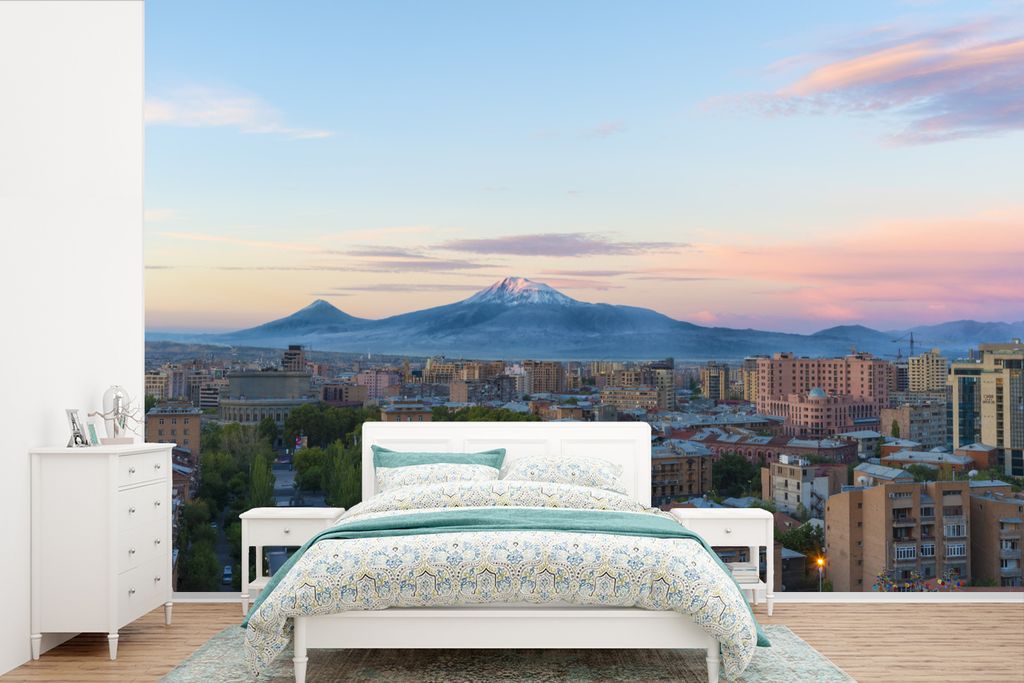 MuchoWow Fototapete für Wohnzimmer oder Schlafzimmer Wandtapete Vinyl Motivtapete Foto des armenischen Eriwan am Berg Ararat bei Sonnenaufgang -...