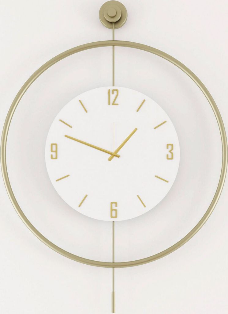 A close-up shot of a modern wall clock with a gold frame and a white face.