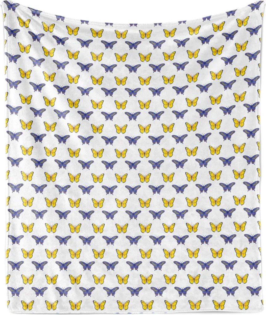 ABAKUHAUS Animali Morbida coperta in flanella e pile, tema naturale Motivi colorati con farfalle e insetti volanti, 175 x 230 cm, giallo, viola, blu, bianco