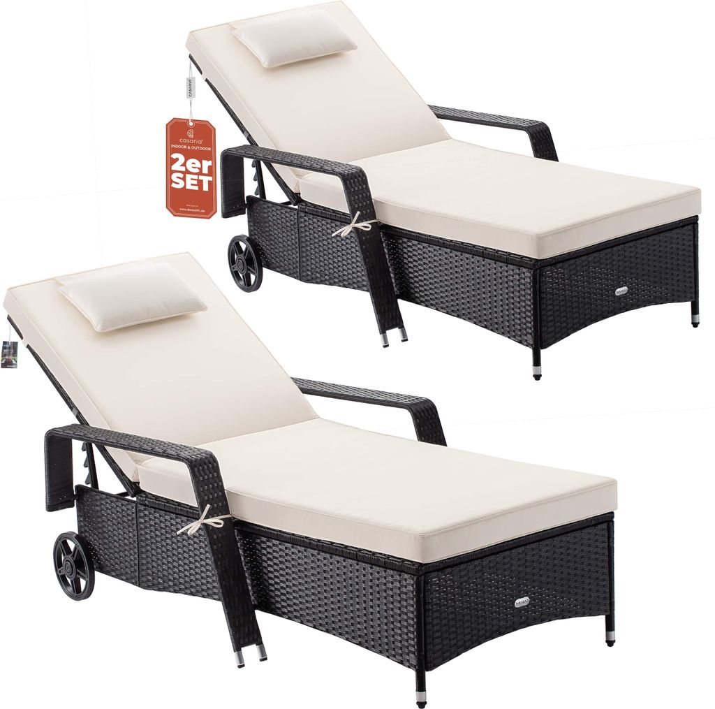 Casaria Sonnenliege 2er Set mit Rollen 7cm Auflage Extra Breit 90cm Gartenliege Wetterfest 165kg Belastbar Terrasse Balkonmöbel Liegestuhl Schwa...
