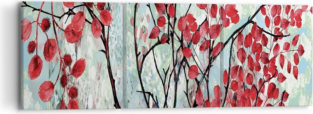 Bild auf Leinwand - Leinwandbild - 3 Teile - Rot Blätter Zweige - 90x30cm - Wand Bild - Wanddeko - Wandbilder - Leinwanddruck - Bilder - Wanddekor...