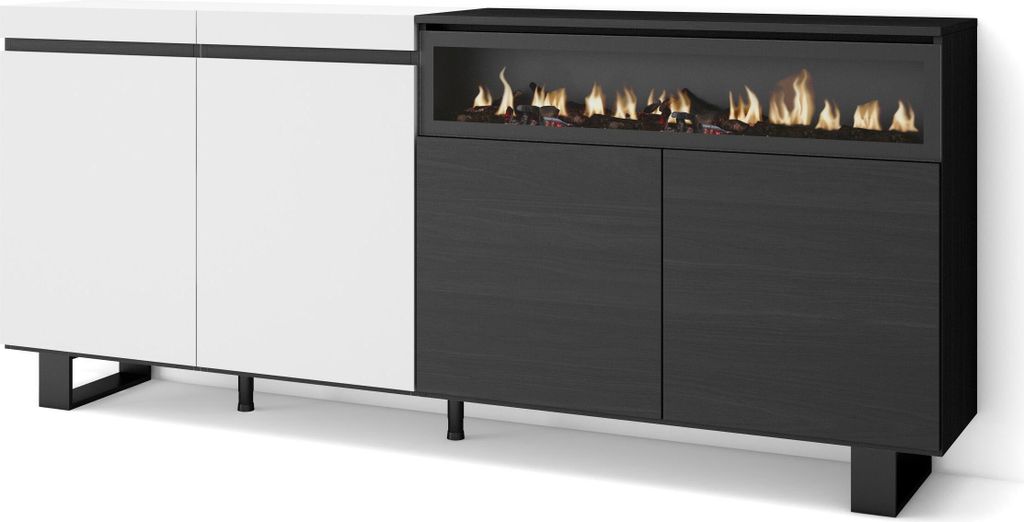 Sideboard, Highboard, 200x35x87cm, 4 Türen, Elektrokamin. Industriedesign, Weiß und Schwarz