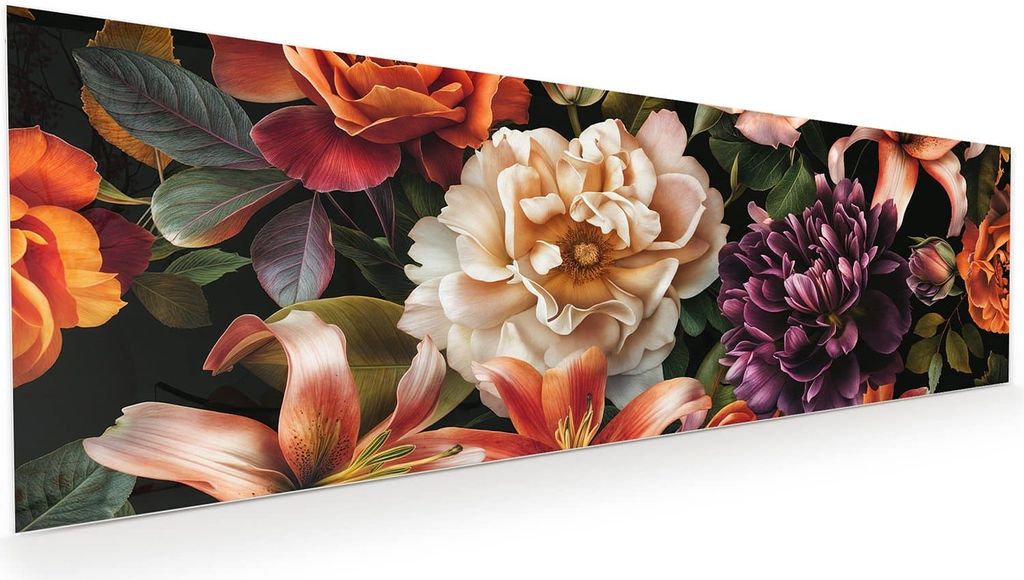 Glasbild 120x40cm in XXL für Wohnzimmer, Schlafzimmer Motiv Blumenpracht