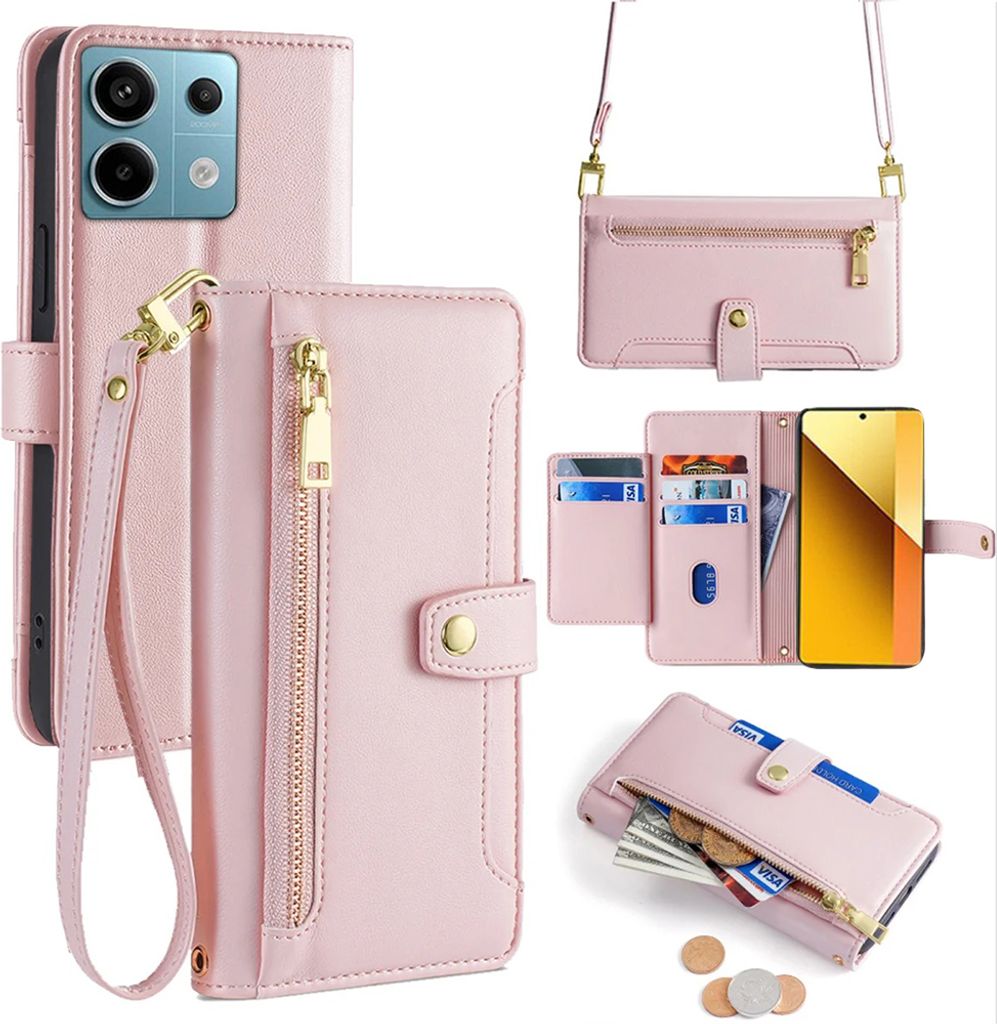 Handykette Xiaomi Hülle mit Band Handyhülle Kartenfächer Kunstleder Umhängetasche Redmi Note 13 4G Rosa