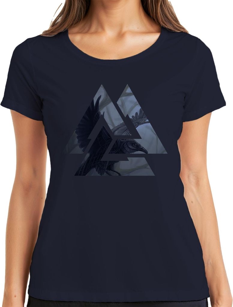 Wikinger Valknut Rabe Nordisch Odin Valhalla Gothic Grunge Damen T-Shirt, Navy, 3XL