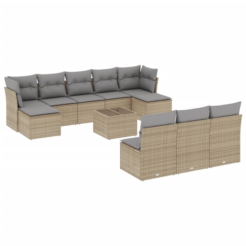 vidaXL 11-tlg. Garten-Sofagarnitur mit Kissen Beige Poly Rattan