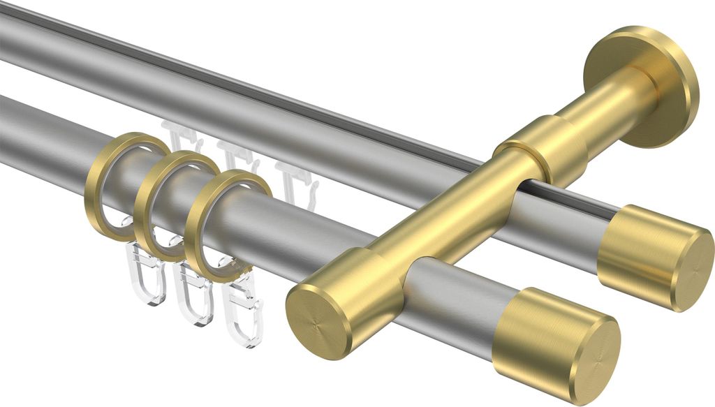 Interdeco Rundrohr-Innenlaufstange / Gardinenstange (Kombination) Silbergrau / Messing-Optik, Typ Prestige Santo (Kappe), 20 mm Ø 2-läufig, 520 cm