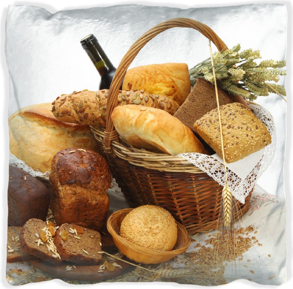Wallario Premium Kissen, weiche Oberfläche, mit Motiv Brot und Brötchen im eleganten Korb - mit Wein und Getreide, Größe: 40 x 40 cm, mit weiß...