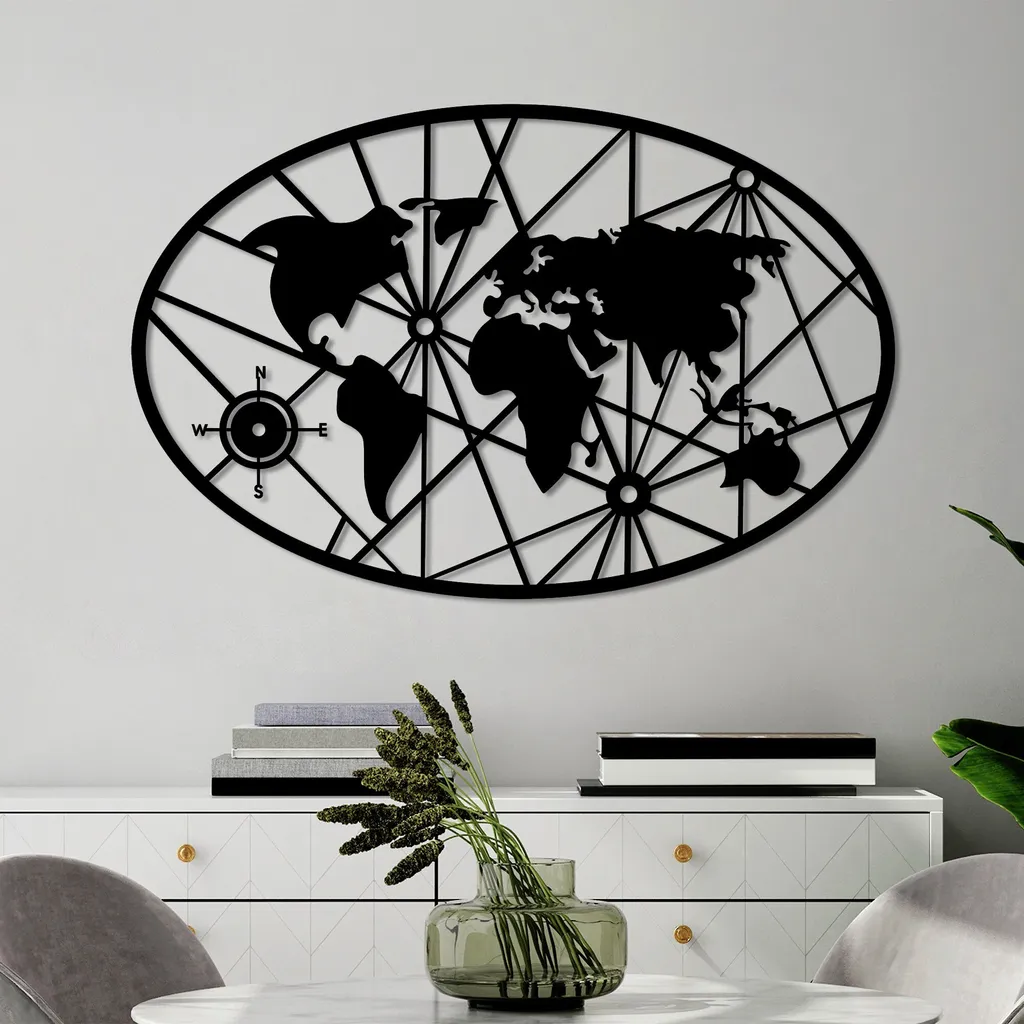 Mappa del Mondo in Metallo Nero Wallity 8-S v2 - Arte da Parete 40x62