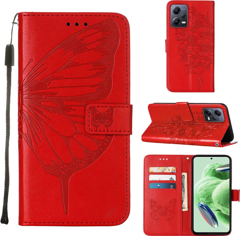 Lederhülle für Xiaomi Poco X5 /Redmi Note 12 5G Schmetterling Prägung Flip Ledertasche Kartenfächer Handyhülle mit Ständer Rot