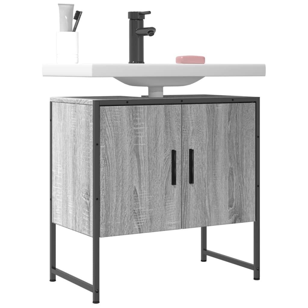 A bathroom vanity cabinet with a sink and faucet.