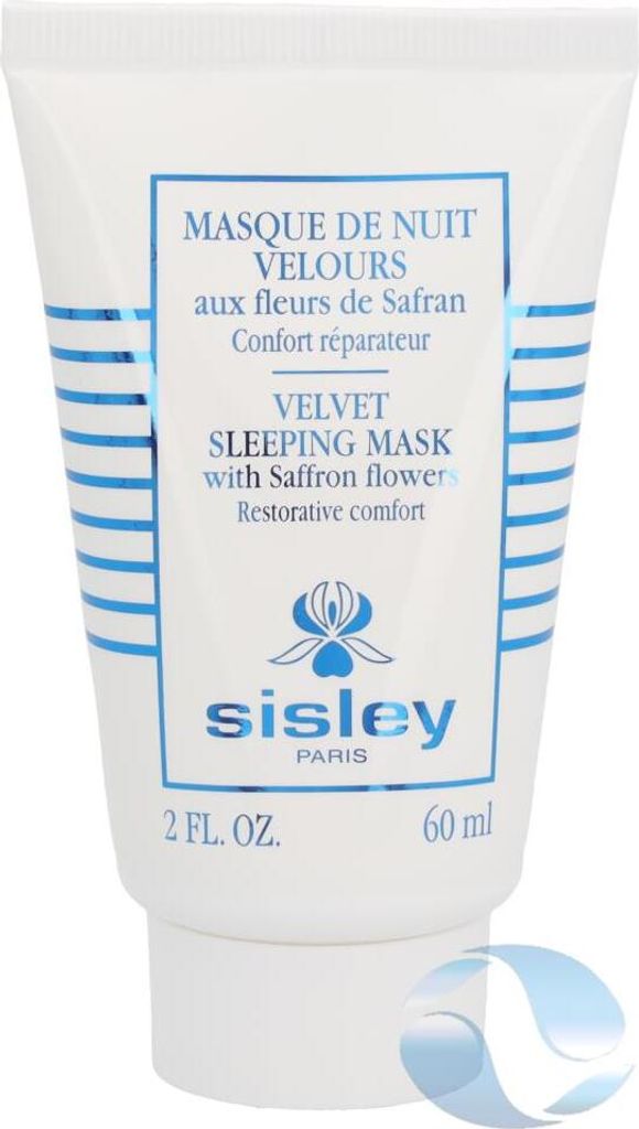 A white tube of Sisley Velvet Sleeping Mask with blue text and stripes.