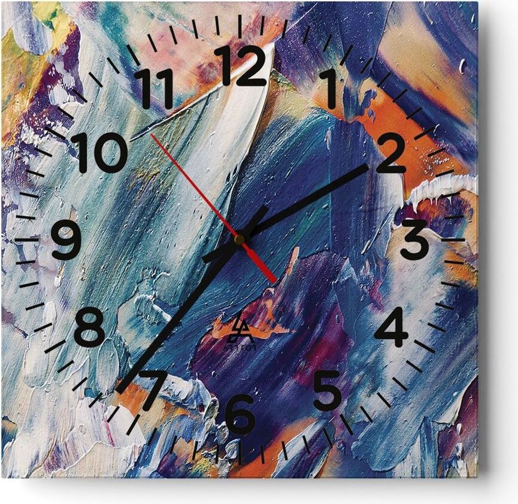 Wanduhr - Quadrat - Glasuhr - Die Farben Farbe Abstraktion - 40x40cm - Schleichendes Uhrwerk - Lautlos - zum Aufhängen bereit - Dekoration Modern ...