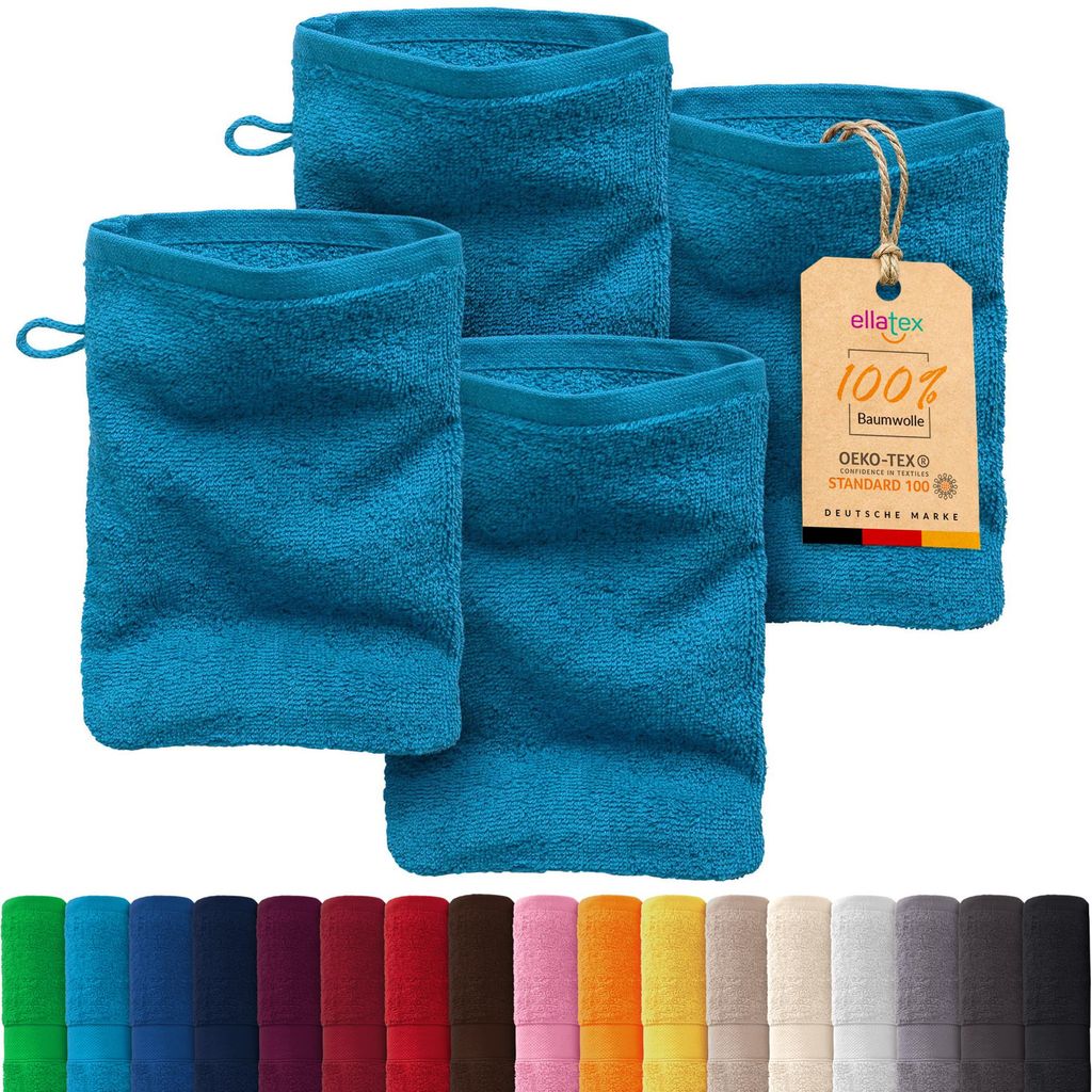 EllaTex PARIS 4er Set Waschhandschuhe 15x21 cm – 100% Baumwolle, 500 g/m² Frottier, Vorteilspack, in Farbe: Aquamarin