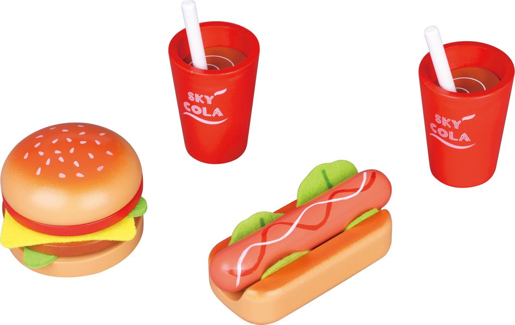 Lelin 40152 Holz - Hamburger, Hot Dog und Getränk Menü Set. 17 teilig