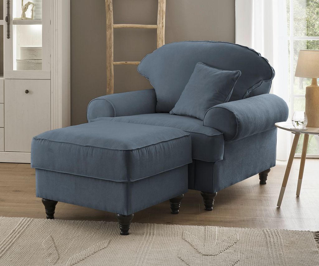 Sessel Set "Adelina" in blau Landhaus Loungesessel inklusive Hocker