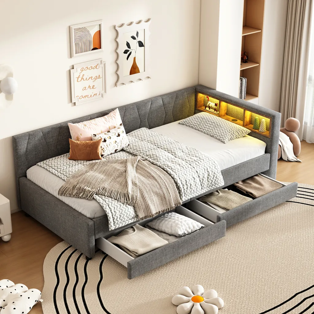 Canapé-lit rembourré 90x200 cm en Lin Gris avec Rangement et LED