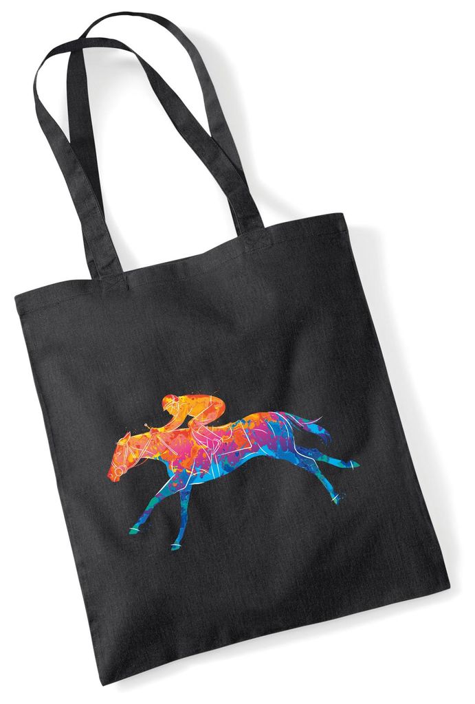 Huuraa Jutebeutel Pferderennen Jockey bunte Silhouette 10 Liter Black Baumwolle Tasche Geschenkidee